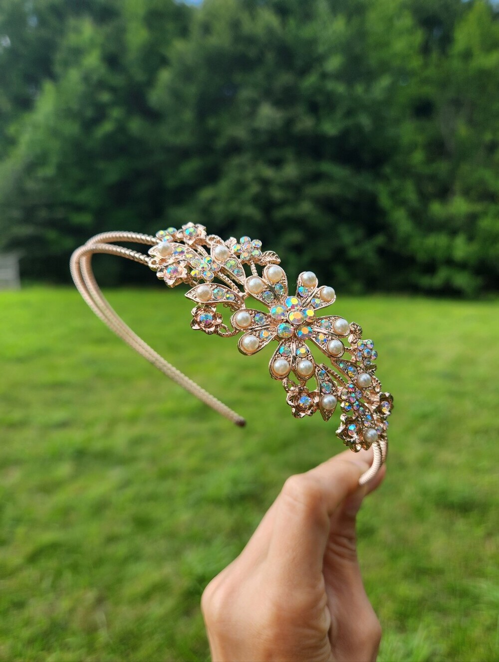 "Reina" Gold Floral Pearl & Crystal Headband